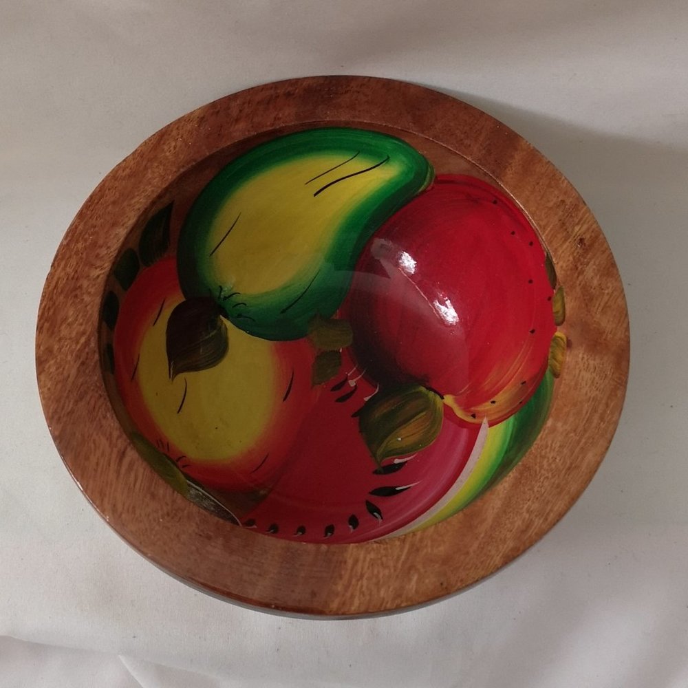 Lovely Vintage Handmade and Hand-painted Wood Display Bowl with Fruit
